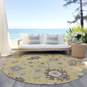 8' Gold Ivory And Brown Round Floral Washable Indoor Outdoor Area Rug