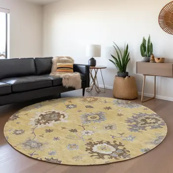 8' Gold Ivory And Brown Round Floral Washable Indoor Outdoor Area Rug