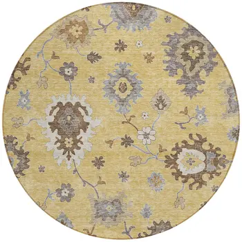 8' Gold Ivory And Brown Round Floral Washable Indoor Outdoor Area Rug
