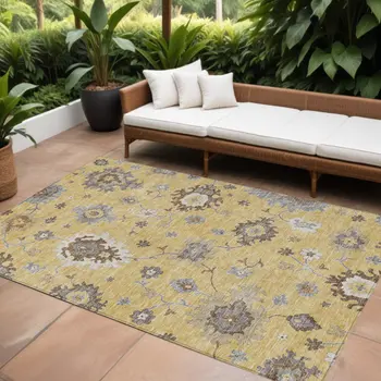 8' X 10' Gold Ivory And Brown Floral Washable Indoor Outdoor Area Rug