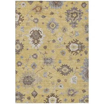 8' X 10' Gold Ivory And Brown Floral Washable Indoor Outdoor Area Rug