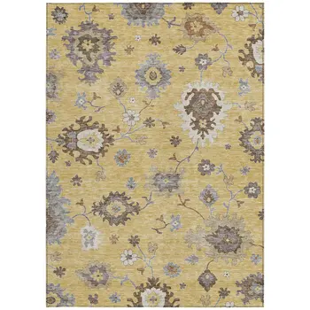 9' X 12' Gold Ivory And Brown Floral Washable Indoor Outdoor Area Rug