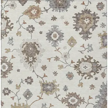 3' X 5' Ivory Gray And Taupe Floral Washable Indoor Outdoor Area Rug