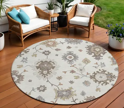 8' Ivory Gray And Taupe Round Floral Washable Indoor Outdoor Area Rug