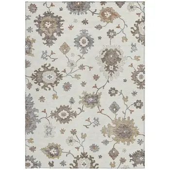 10' X 14' Ivory Gray And Taupe Floral Washable Indoor Outdoor Area Rug