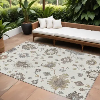 10' X 14' Ivory Gray And Taupe Floral Washable Indoor Outdoor Area Rug