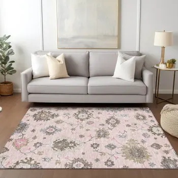 5' X 8' Pink Ivory And Chocolate Floral Washable Indoor Outdoor Area Rug