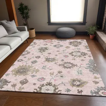 8' X 10' Pink Ivory And Chocolate Floral Washable Indoor Outdoor Area Rug