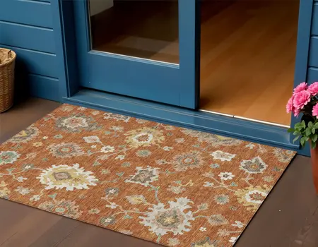 3' X 5' Orange Ivory And Gray Floral Washable Indoor Outdoor Area Rug