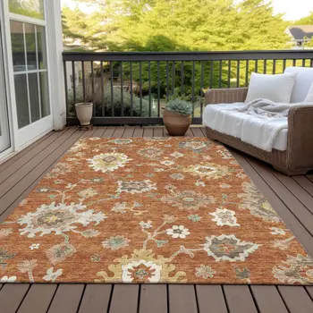 3' X 5' Orange Ivory And Gray Floral Washable Indoor Outdoor Area Rug