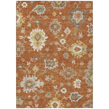 3' X 5' Orange Ivory And Gray Floral Washable Indoor Outdoor Area Rug