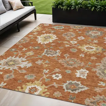 5' X 8' Orange Ivory And Gray Floral Washable Indoor Outdoor Area Rug