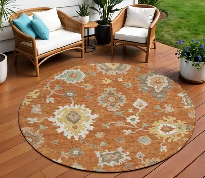 8' Orange Ivory And Gray Round Floral Washable Indoor Outdoor Area Rug