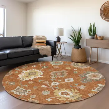 8' Orange Ivory And Gray Round Floral Washable Indoor Outdoor Area Rug