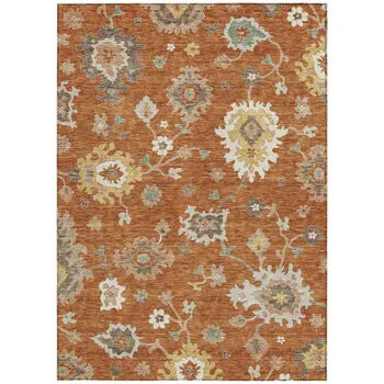 9' X 12' Orange Ivory And Gray Floral Washable Indoor Outdoor Area Rug