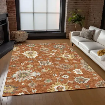 9' X 12' Orange Ivory And Gray Floral Washable Indoor Outdoor Area Rug