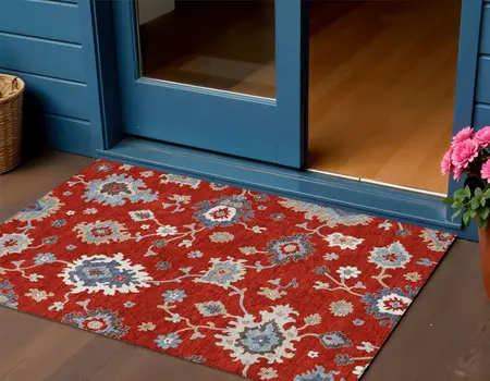 3' X 5' Red Gray And Taupe Floral Washable Indoor Outdoor Area Rug