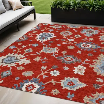 5' X 8' Red Gray And Taupe Floral Washable Indoor Outdoor Area Rug