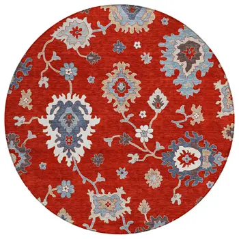 8' Red Gray And Taupe Round Floral Washable Indoor Outdoor Area Rug