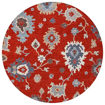 8' Red Gray And Taupe Round Floral Washable Indoor Outdoor Area Rug
