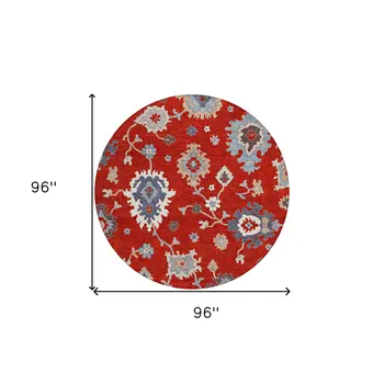 8' Red Gray And Taupe Round Floral Washable Indoor Outdoor Area Rug