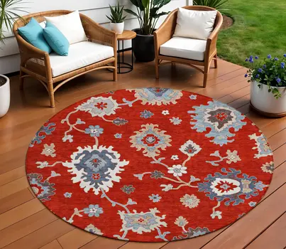 8' Red Gray And Taupe Round Floral Washable Indoor Outdoor Area Rug