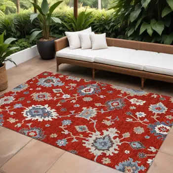 10' X 14' Red Gray And Taupe Floral Washable Indoor Outdoor Area Rug