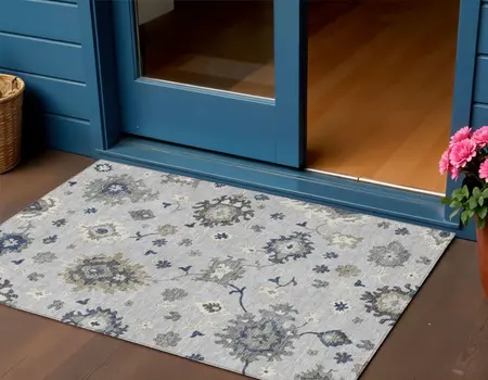 3' X 5' Silver Gray And Taupe Floral Washable Indoor Outdoor Area Rug