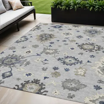 5' X 8' Silver Gray And Taupe Floral Washable Indoor Outdoor Area Rug