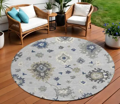 8' Silver Gray And Taupe Round Floral Washable Indoor Outdoor Area Rug