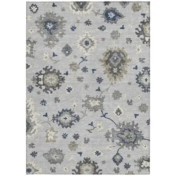 9' X 12' Silver Gray And Taupe Floral Washable Indoor Outdoor Area Rug