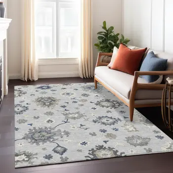 9' X 12' Silver Gray And Taupe Floral Washable Indoor Outdoor Area Rug