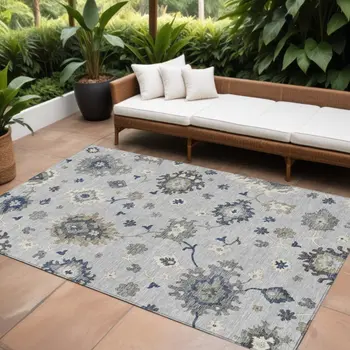 10' X 14' Silver Gray And Taupe Floral Washable Indoor Outdoor Area Rug