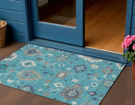 3' X 5' Teal Blue Silver And Gray Floral Washable Indoor Outdoor Area Rug