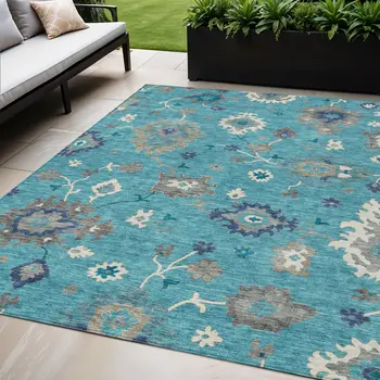 5' X 8' Teal Blue Silver And Gray Floral Washable Indoor Outdoor Area Rug