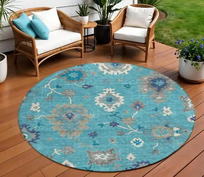 8' Teal Blue Silver And Gray Round Floral Washable Indoor Outdoor Area Rug