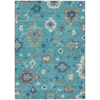8' X 10' Teal Blue Silver And Gray Floral Washable Indoor Outdoor Area Rug