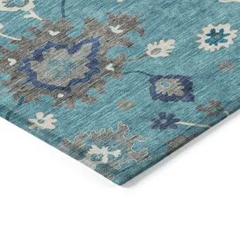 9' X 12' Teal Blue Silver And Gray Floral Washable Indoor Outdoor Area Rug
