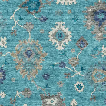 9' X 12' Teal Blue Silver And Gray Floral Washable Indoor Outdoor Area Rug
