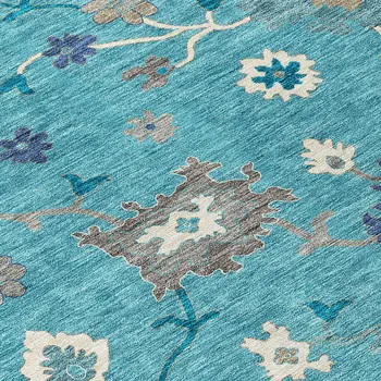 9' X 12' Teal Blue Silver And Gray Floral Washable Indoor Outdoor Area Rug