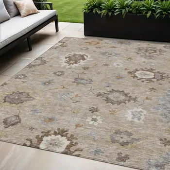 5' X 8' Taupe Silver And Gray Floral Washable Indoor Outdoor Area Rug