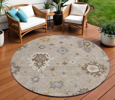 8' Taupe Silver And Gray Round Floral Washable Indoor Outdoor Area Rug
