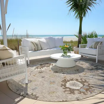 8' Taupe Silver And Gray Round Floral Washable Indoor Outdoor Area Rug