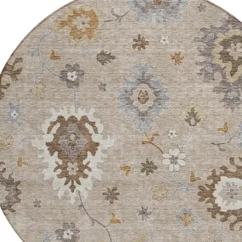 8' Taupe Silver And Gray Round Floral Washable Indoor Outdoor Area Rug