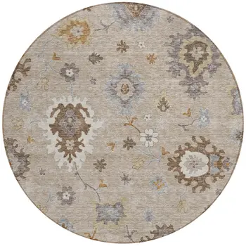 8' Taupe Silver And Gray Round Floral Washable Indoor Outdoor Area Rug