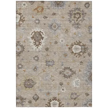 9' X 12' Taupe Silver And Gray Floral Washable Indoor Outdoor Area Rug