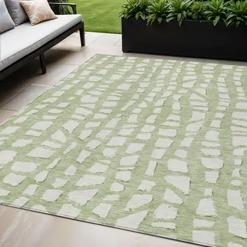 5' X 8' Artichoke Green And Ivory Abstract Washable Indoor Outdoor Area Rug