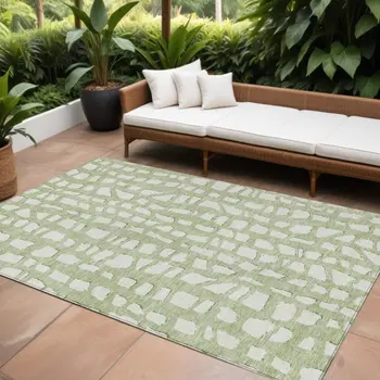 8' X 10' Artichoke Green And Ivory Abstract Washable Indoor Outdoor Area Rug