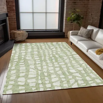 8' X 10' Artichoke Green And Ivory Abstract Washable Indoor Outdoor Area Rug