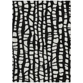 5' X 8' Black And Ivory Abstract Washable Indoor Outdoor Area Rug